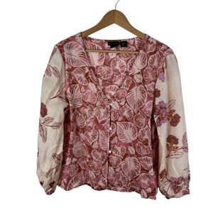 Tahari 100% Linen Floral Blouse Medium Pink‎ Botanical Leaf Boho Cottage Resort